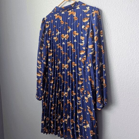 Women's Nine West Dress Midi Pleated with Collar Long Sleeve Royal Blue Pattern - Picture 5 of 8